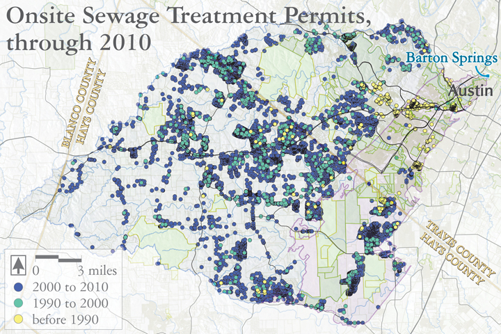 Texas Landscape Project: Map of Onsite Sewage Treatment in the Barton Watershed, through 2010